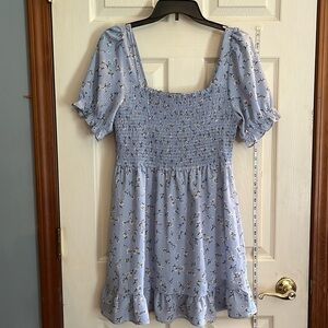 Charmed hearts-XL-blue floral print-mini,puff sleeves,square neckline dress.